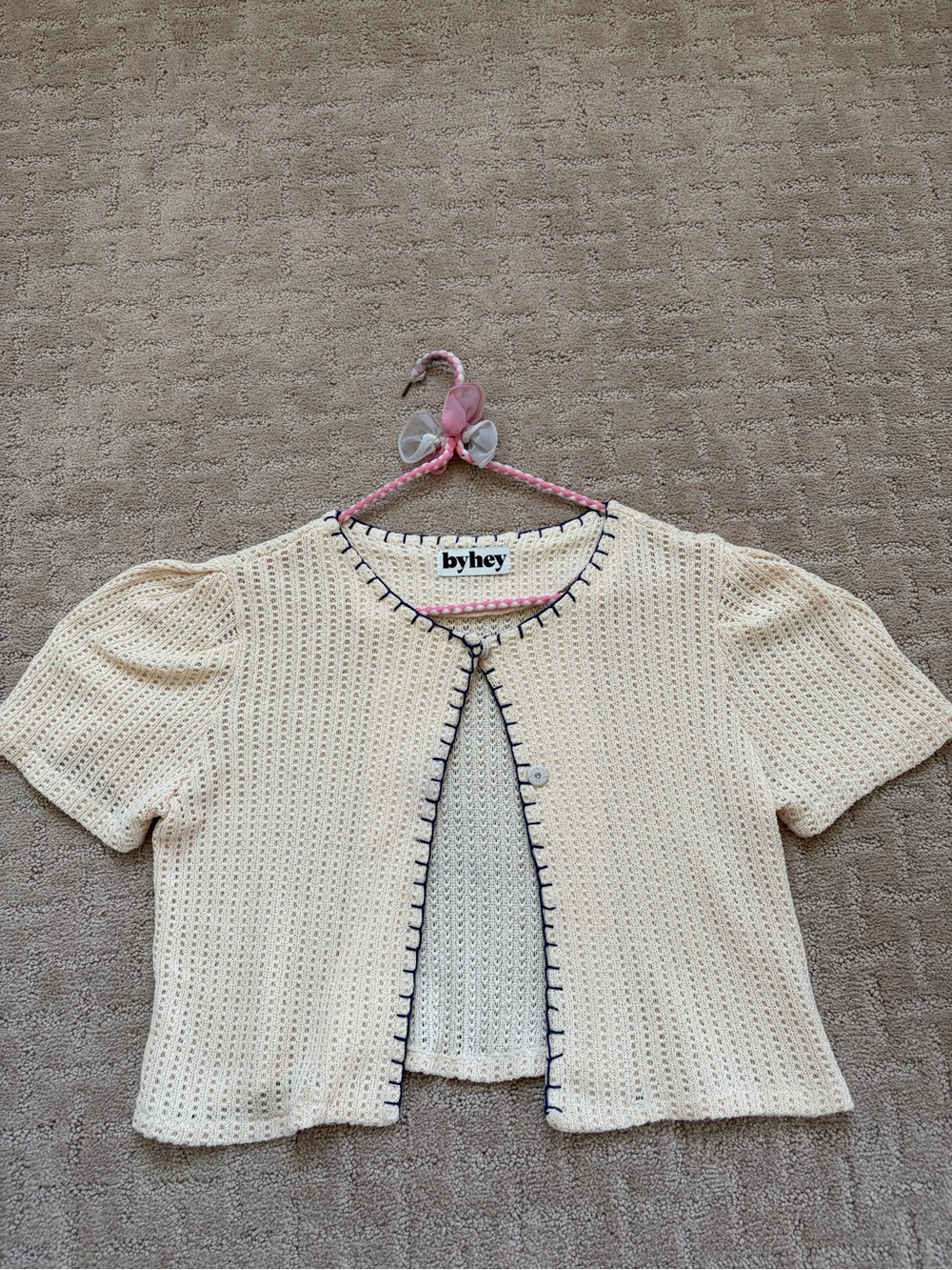 Cream Knit Short-Sleeve Cardigan with Navy Trim